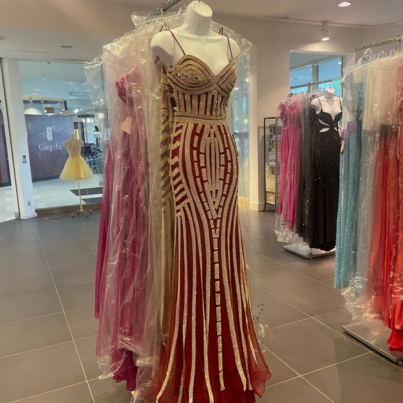 Elegant Gold and Red Evening Gown - Picture 1 of 5